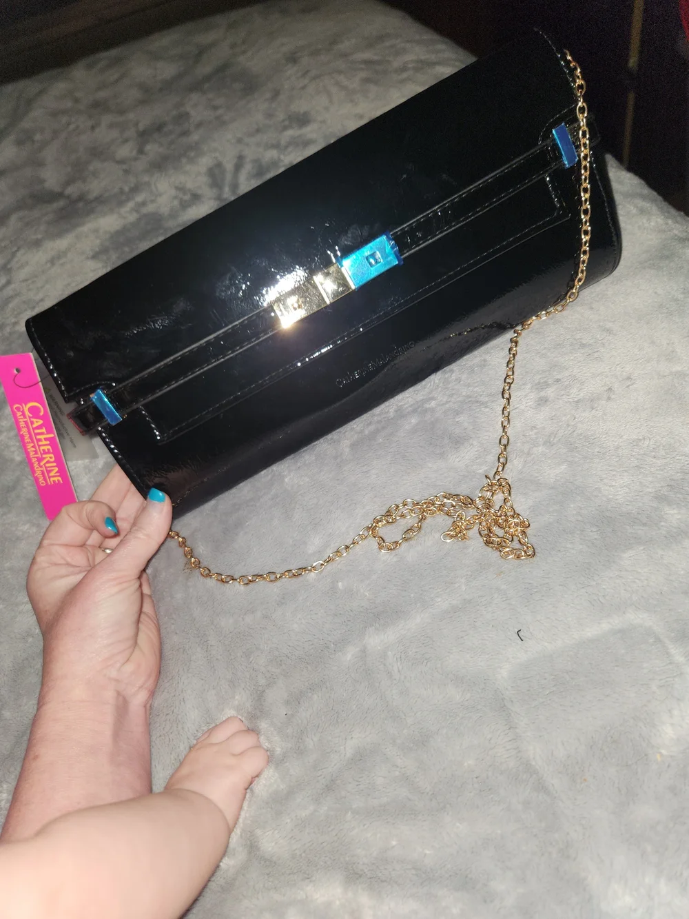 Catherine Malandrino Black Patent Clutch with Gold Chain